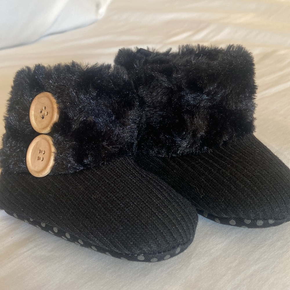 Never worn! Black fuzzy boots with tan buttons! So cute!